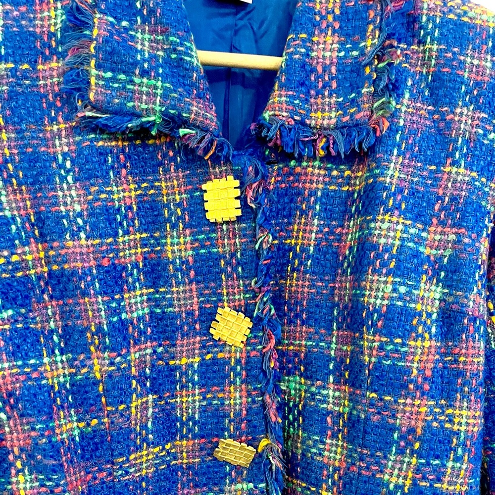 Vintage Bright Blue Plaid Neon Pink Green Business Fringe Blazer Suit Coat - Picture 4 of 14